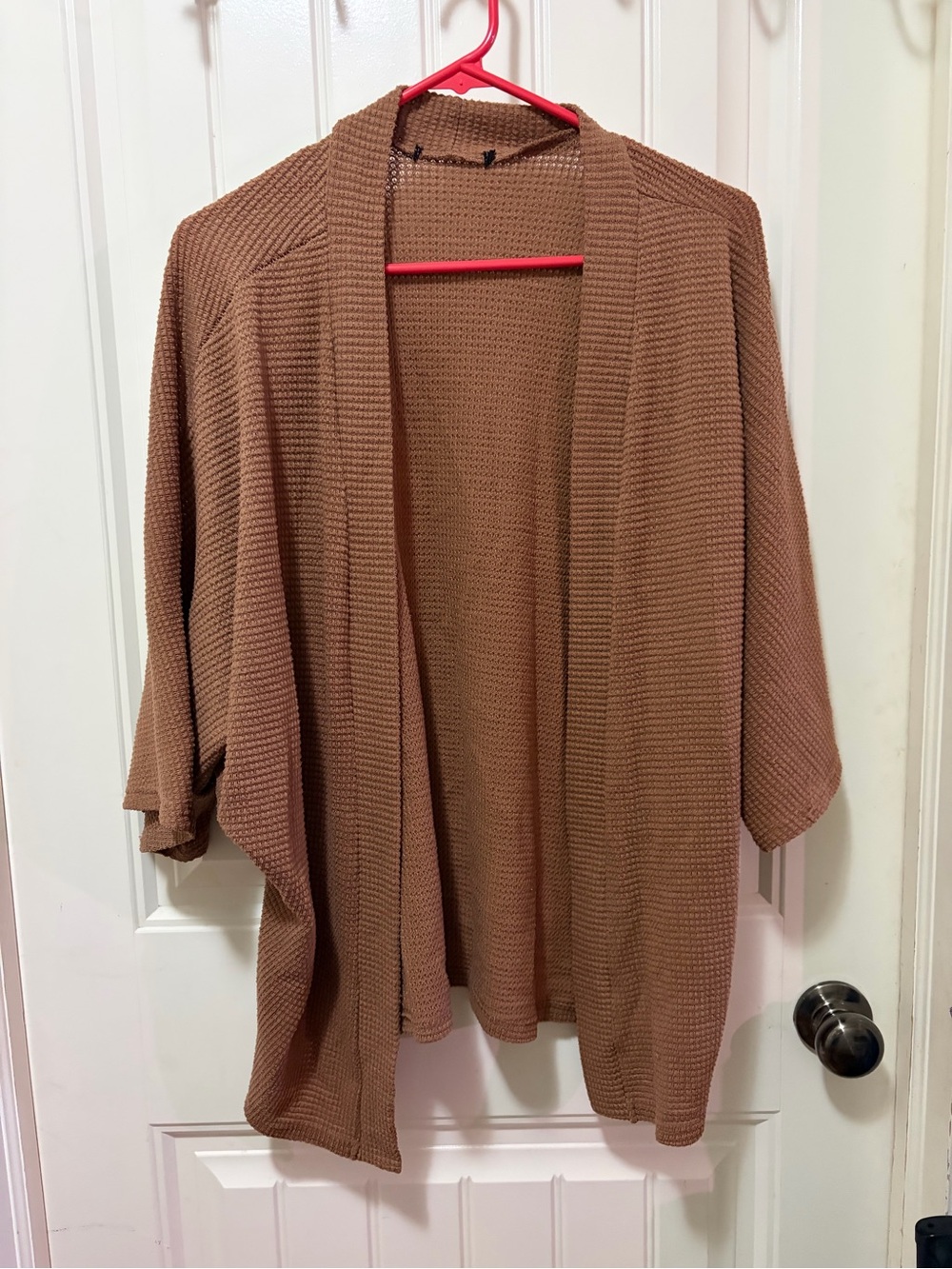 Open-Front Waffle Knit Cardigan - Brown